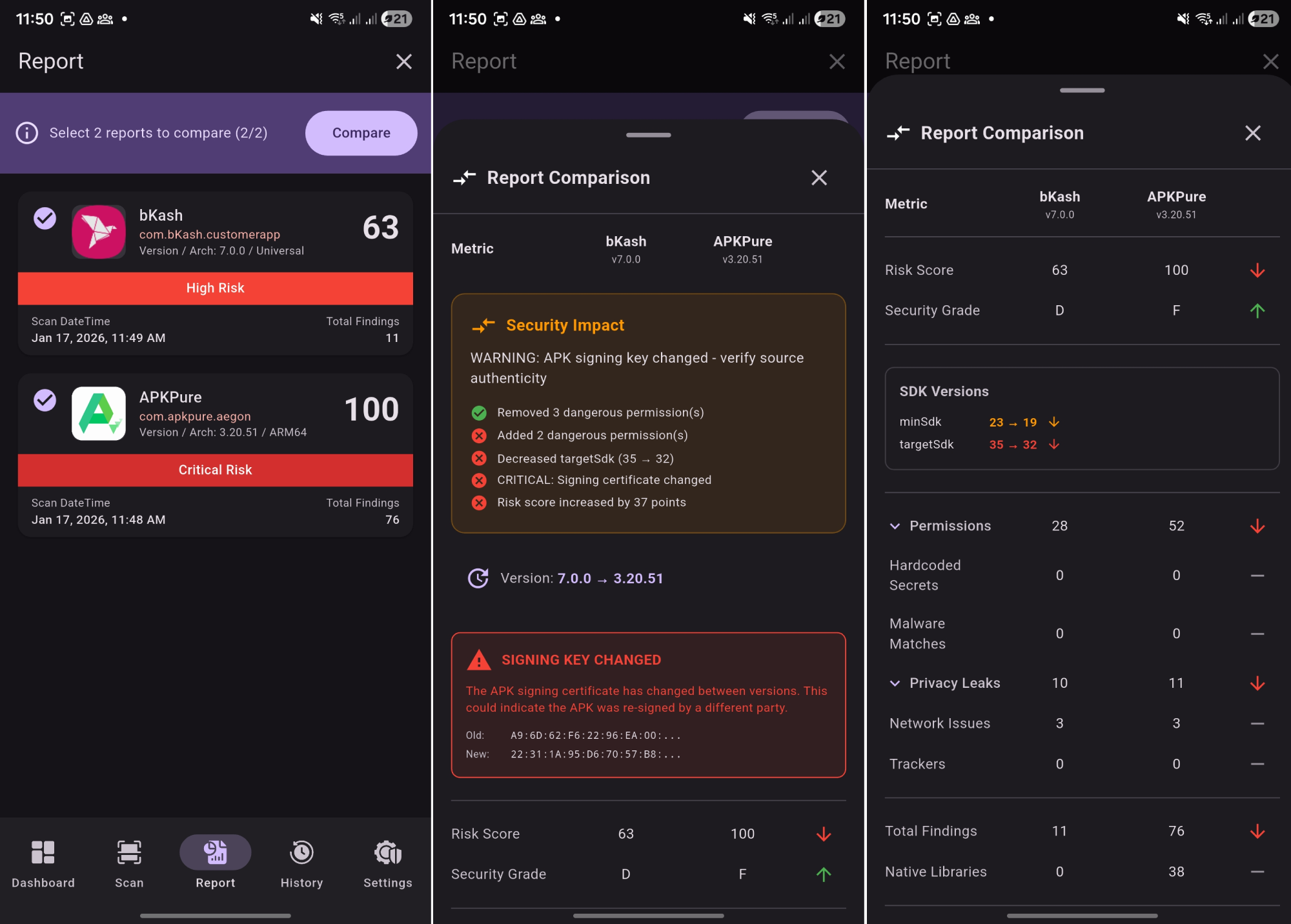 MobInspect Compare Reports Side by Side